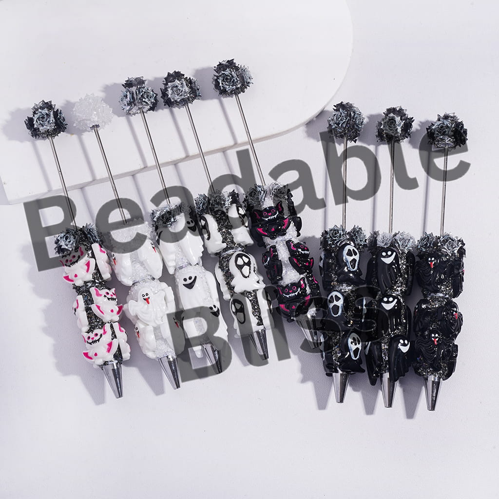 Beadable Sugar Clay Pens with Glittery Rose Flowers and Broken Rhinestones Covered the Entire Pens, Funny Halloween Ghost Style