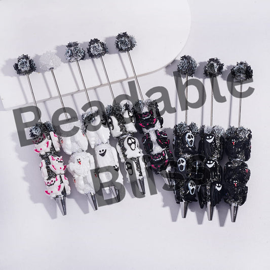 Beadable Sugar Clay Pens with Glittery Rose Flowers and Broken Rhinestones Covered the Entire Pens, Funny Halloween Ghost Style