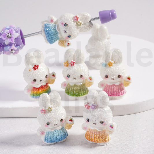 Acrylic Beads UV Coating Cute Miff Bunny Rabbit Holds Ice Cream, Random Mix