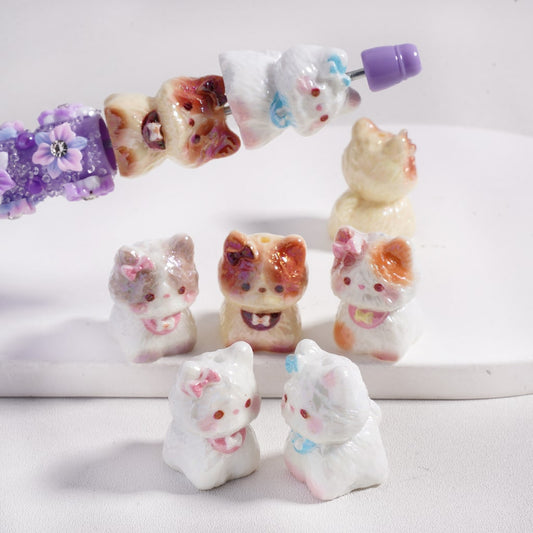 Acrylic Beads UV Coating Cute Cat Kitty with Bowknot, Random Mix