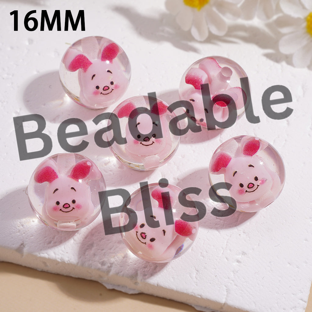 Acrylic Beads for Bracelets with Classic Animation Animal Character Embedded Inside Bead, 16MM, Transparent