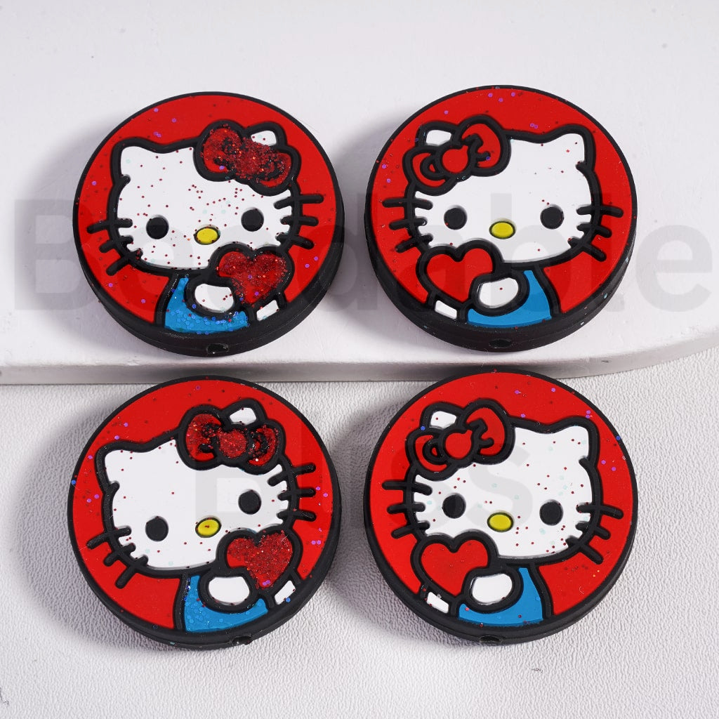 Silicone Focal Beads Glitter Cute Hello Kitt with Red Heart Bowknot