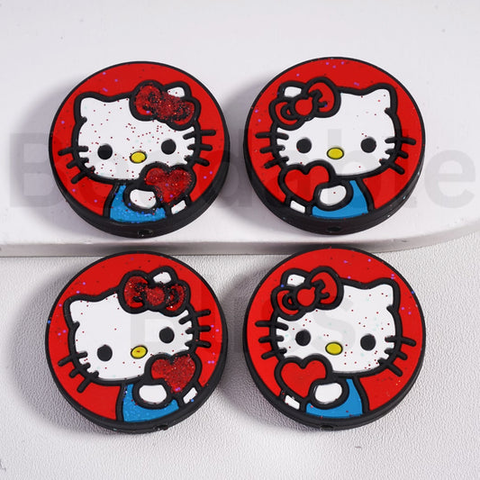 Silicone Focal Beads Glitter Cute Hello Kitt with Red Heart Bowknot