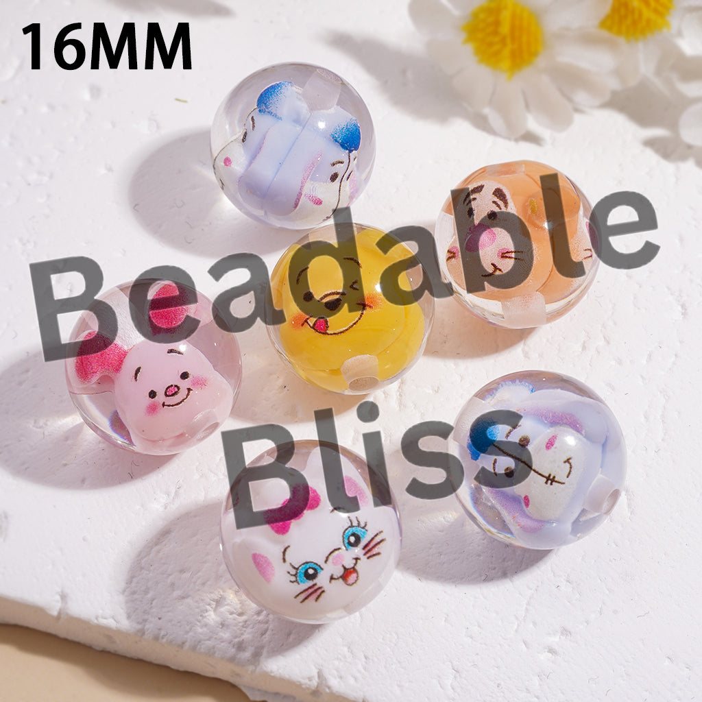 Acrylic Beads for Bracelets with Classic Animation Animal Character Embedded Inside Bead, 16MM, Transparent