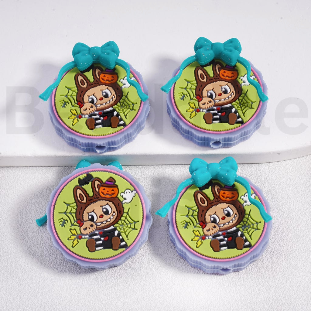Silicone Focal Beads Cute L-B-B with Ghost Face Pumpkin Spider Web Bat Halloween Glitter Teal Bowknot