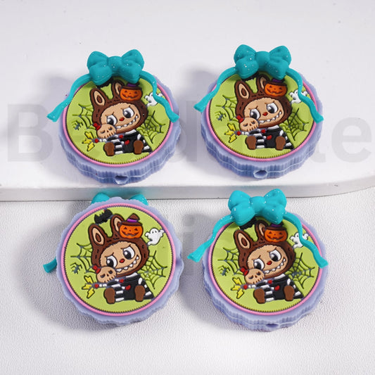 Silicone Focal Beads Cute L-B-B with Ghost Face Pumpkin Spider Web Bat Halloween Glitter Teal Bowknot