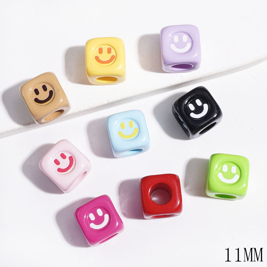 Smiling Face Acrylic Beads, Big Hole Beads, Cube Square Shape, 11MM, Assorted Colors, Random Mix (The Hole Diameter is Around 6.2MM)