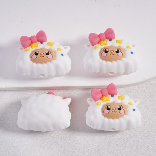 Silicone Focal Beads 3D Cute Sheep with Pink Bowknot Yellow Stars