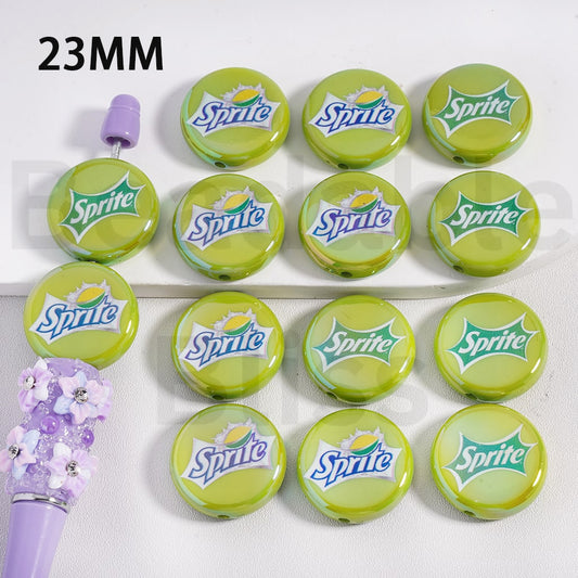 Acrylic Beads Flat Round UV Coating Sprit Soft Drink, Green, 23MM, Random Mix