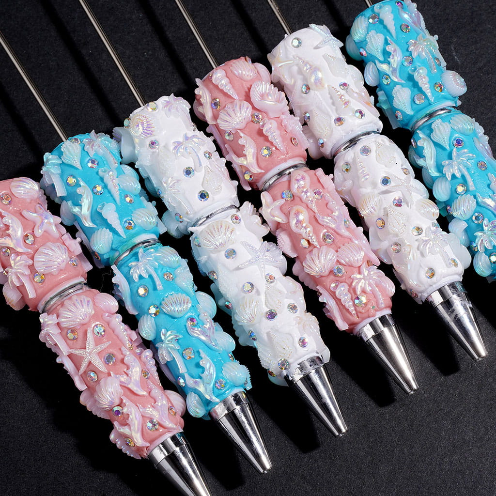 Beadable Clay Pens Ocean Series with Shells Starfish Conches Tree Coral  AB Rhinestones, Multi-Color