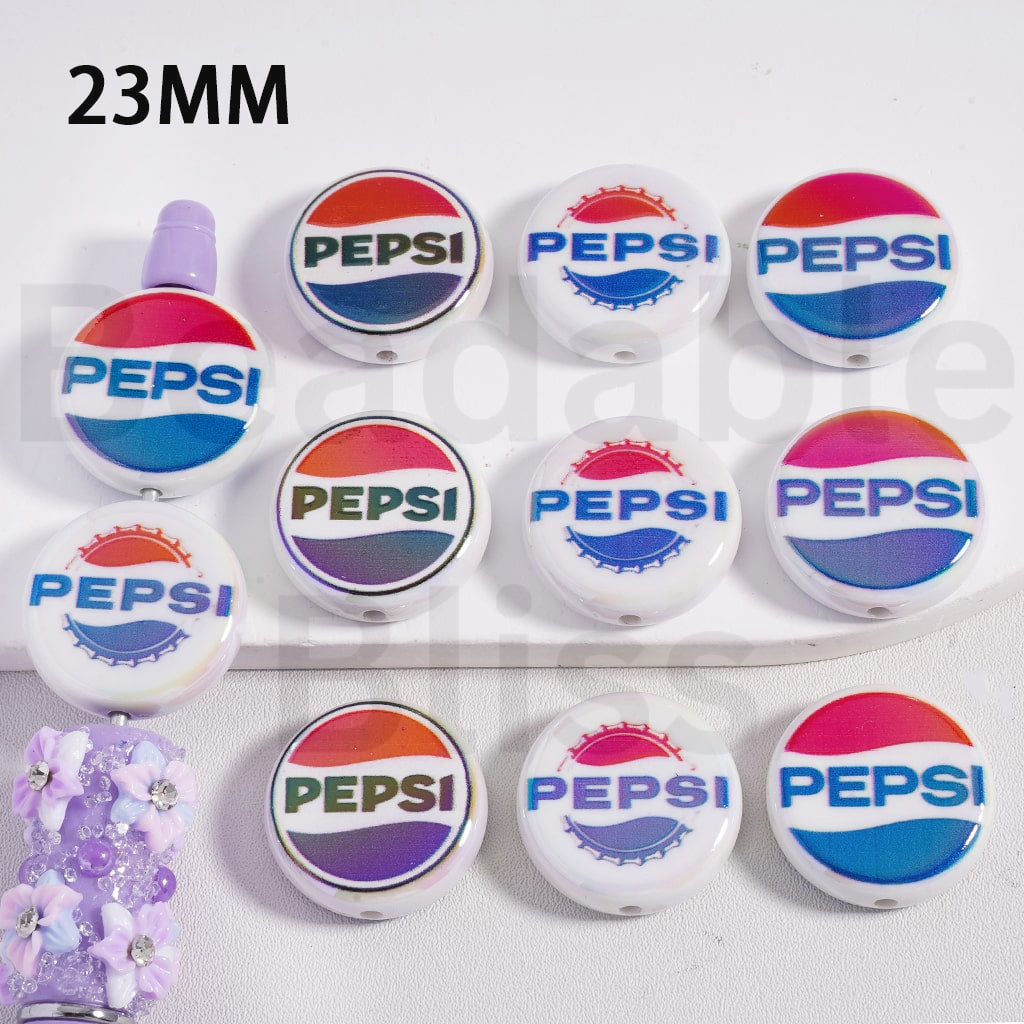 Acrylic Beads Flat Round UV Coating Peps Cola, 23MM, Random Mix