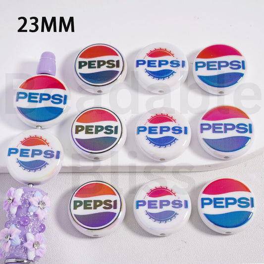 Acrylic Beads Flat Round UV Coating Peps Cola, 23MM, Random Mix