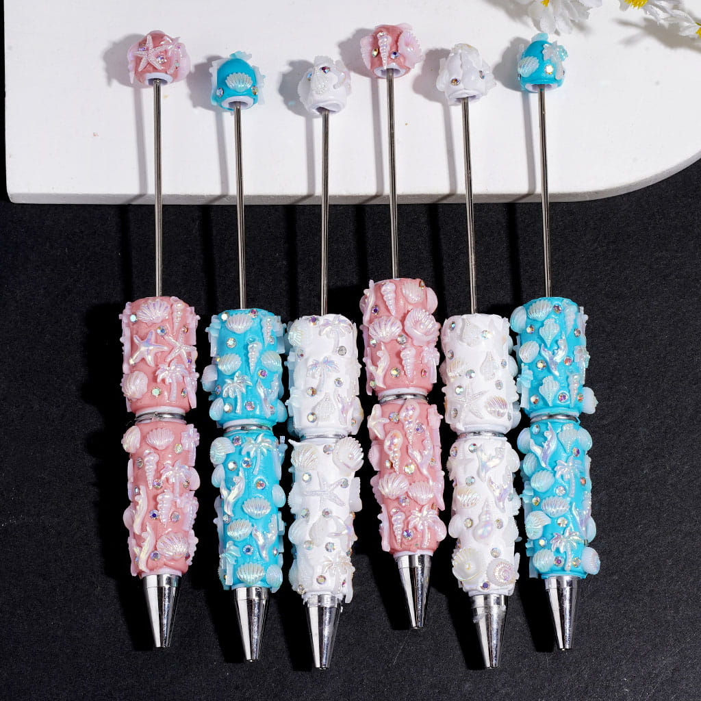 Beadable Clay Pens Ocean Series with Shells Starfish Conches Tree Coral  AB Rhinestones, Multi-Color