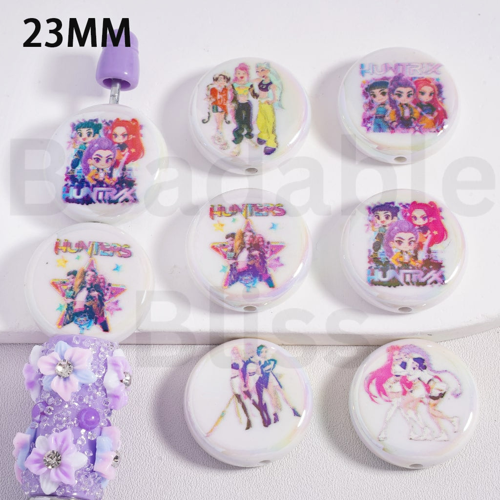 Acrylic Beads Round Flat UV Coating Hunt Hunte Girl Group, 23MM, Random Mix
