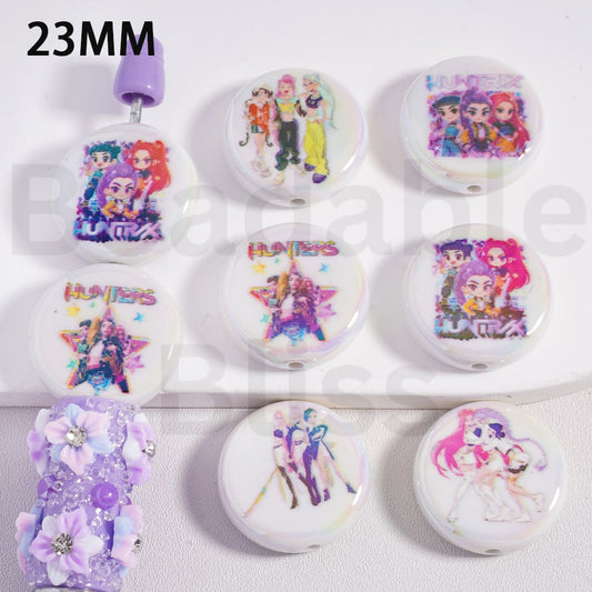 Acrylic Beads Round Flat UV Coating Hunt Hunte Girl Group, 23MM, Random Mix