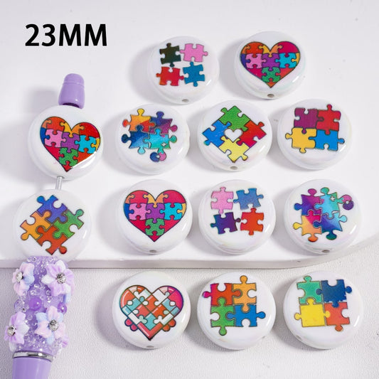 Acrylic Beads Round Flat UV Coating Colorful Jigsaw Puzzle Autism Awareness, 23MM, Random Mix