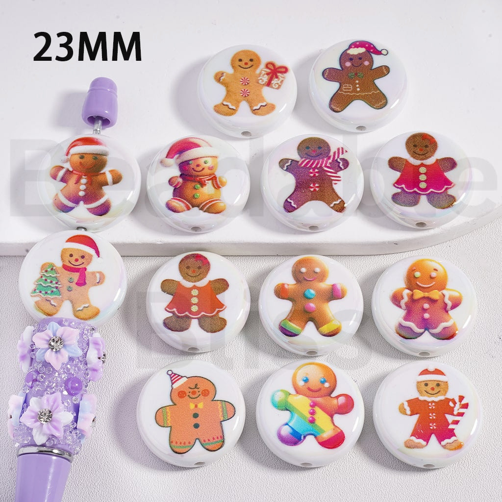 Acrylic Beads Round Flat UV Coating Cute Christmas Ginger Bread Man, 23MM, Random Mix