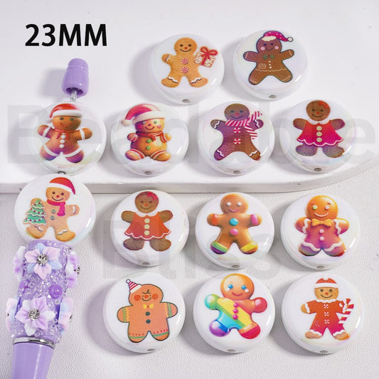 Acrylic Beads Round Flat UV Coating Cute Christmas Ginger Bread Man, 23MM, Random Mix