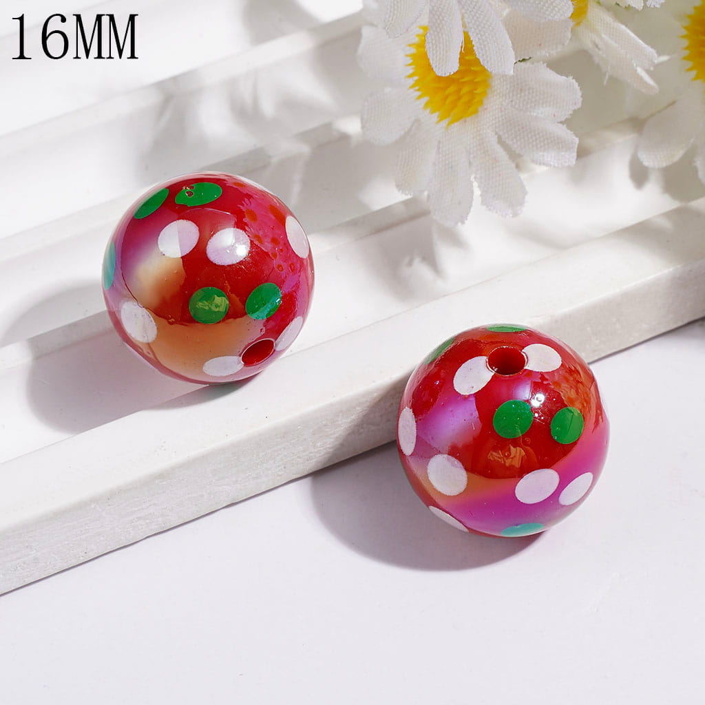 Christmas Red Round with White and Green Polka Dots UV Coating Acrylic Beads for Bracelets, 16MM