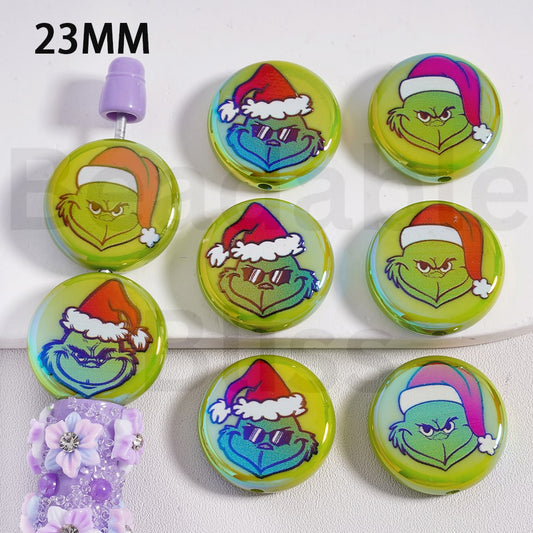 Acrylic Beads Round Flat UV Coating Green Monster Grinc with Red Christmas Hat, Green, 23MM, Random Mix