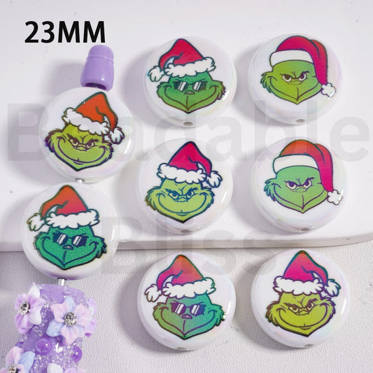 Acrylic Beads Round Flat UV Coating Green Monster Grinc with Red Christmas Hat, White, 23MM, Random Mix