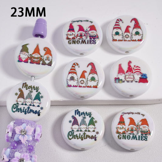 Acrylic Beads Round Flat UV Coating Merry Christmas Cute Gnomes, 23MM, Random Mix