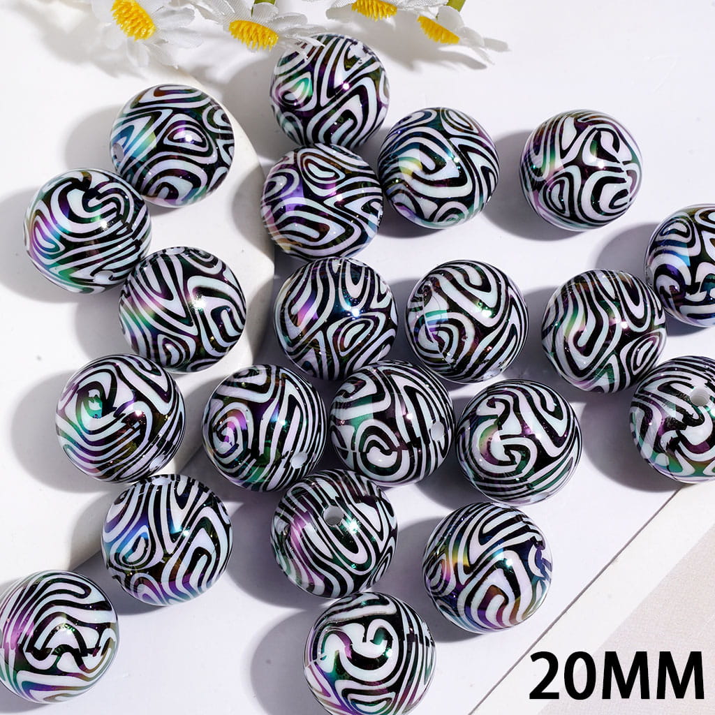 20MM - UV Coating Acrylic Beads for Bracelets with Black and White Swirl Zebra Stripe Print Design
