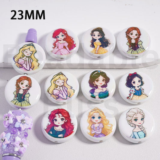 Acrylic Beads Round Flat UV Coating Cute Disne Princess Snow Whit Ann Auror Arie Bell Sofi Merid Rapunze Els, 23MM, Random Mix