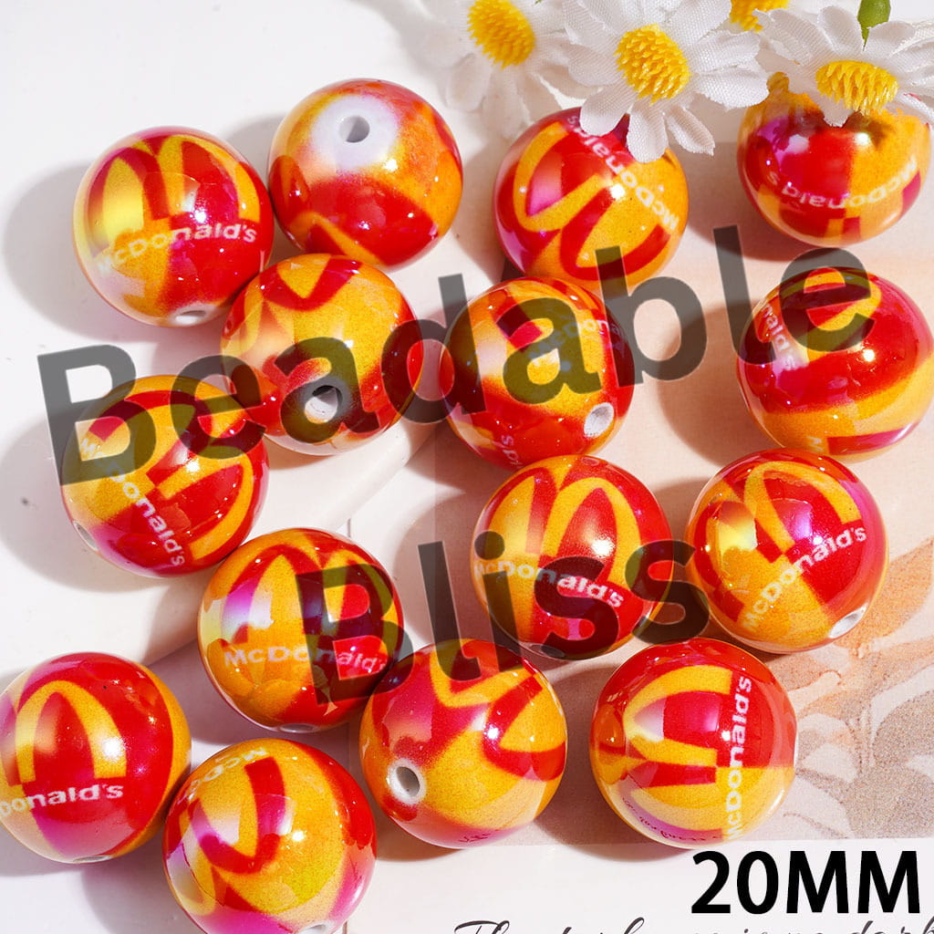 UV Coating Acrylic Beads for Bracelets with Red Fast Food Sign Design, Yellow Background, 20MM