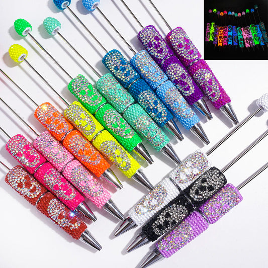Luminous Beadable Clay Pens with Skull Head Shaped AB Rhinestones Covered the Entire Pen, Halloween Theme, Multi-Color
