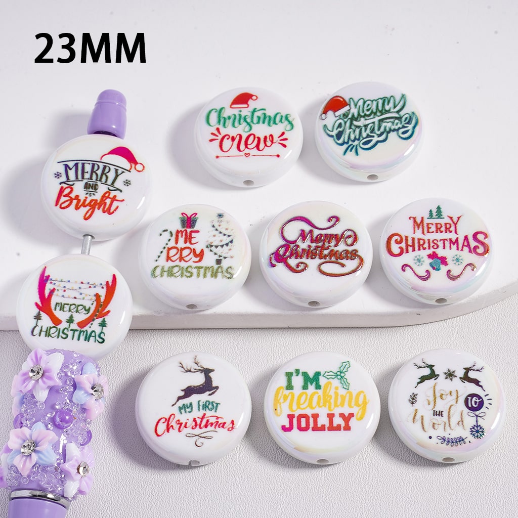 Acrylic Beads Round Flat UV Coating Cute Merry Christmas Series, 23MM, Random Mix