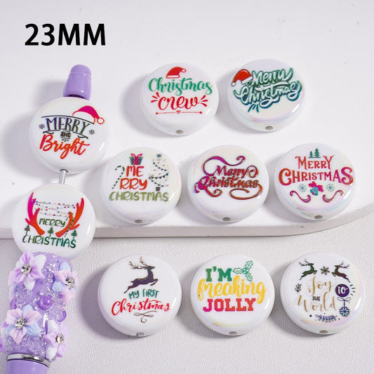 Acrylic Beads Round Flat UV Coating Cute Merry Christmas Series, 23MM, Random Mix