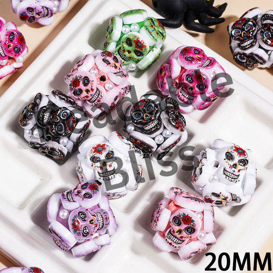 Clay Beads Skeleton Skull in Day of the Dead Theme, White Pearl, 20MM Multi-Color Random Mix