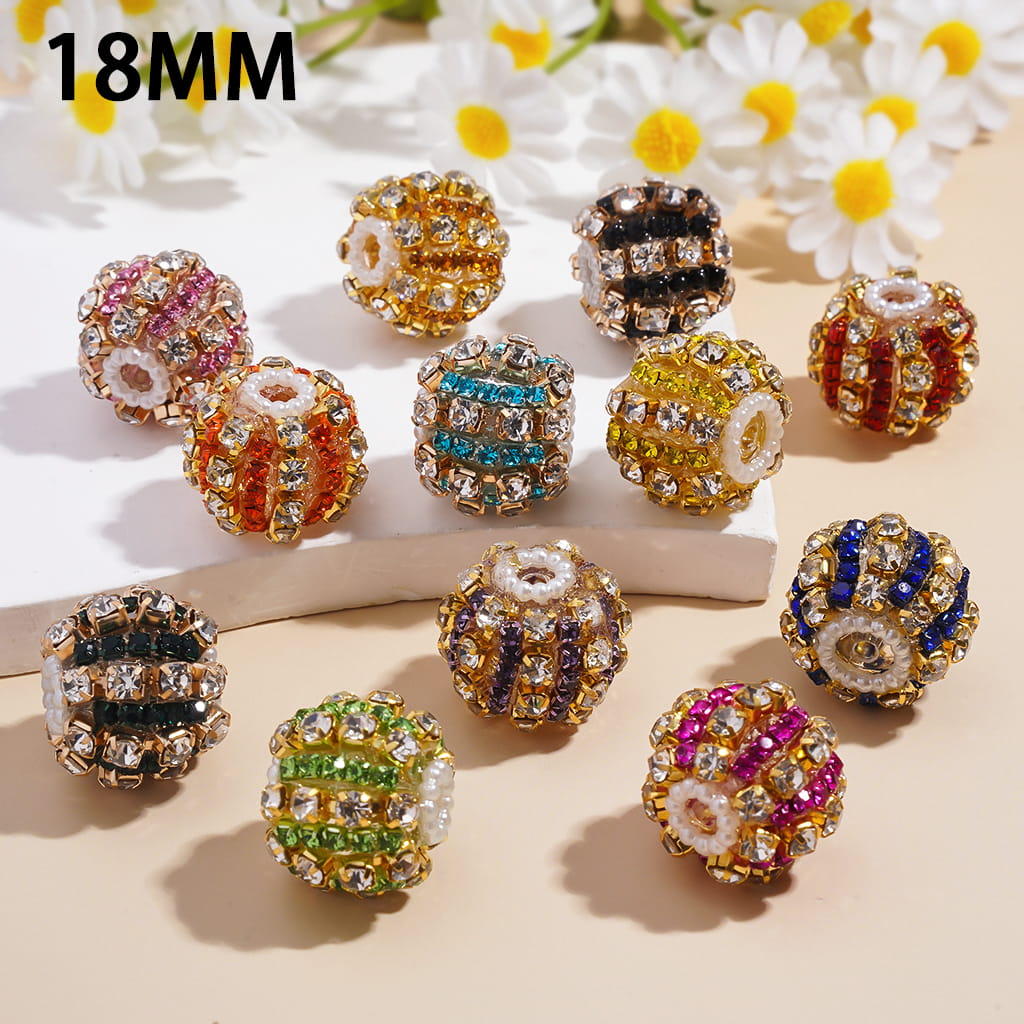 Hand-Made Acrylic Beads with Multi-Color Rhinestones Chains and White Pearl Chains w Alloy Claw Setting, 18MM