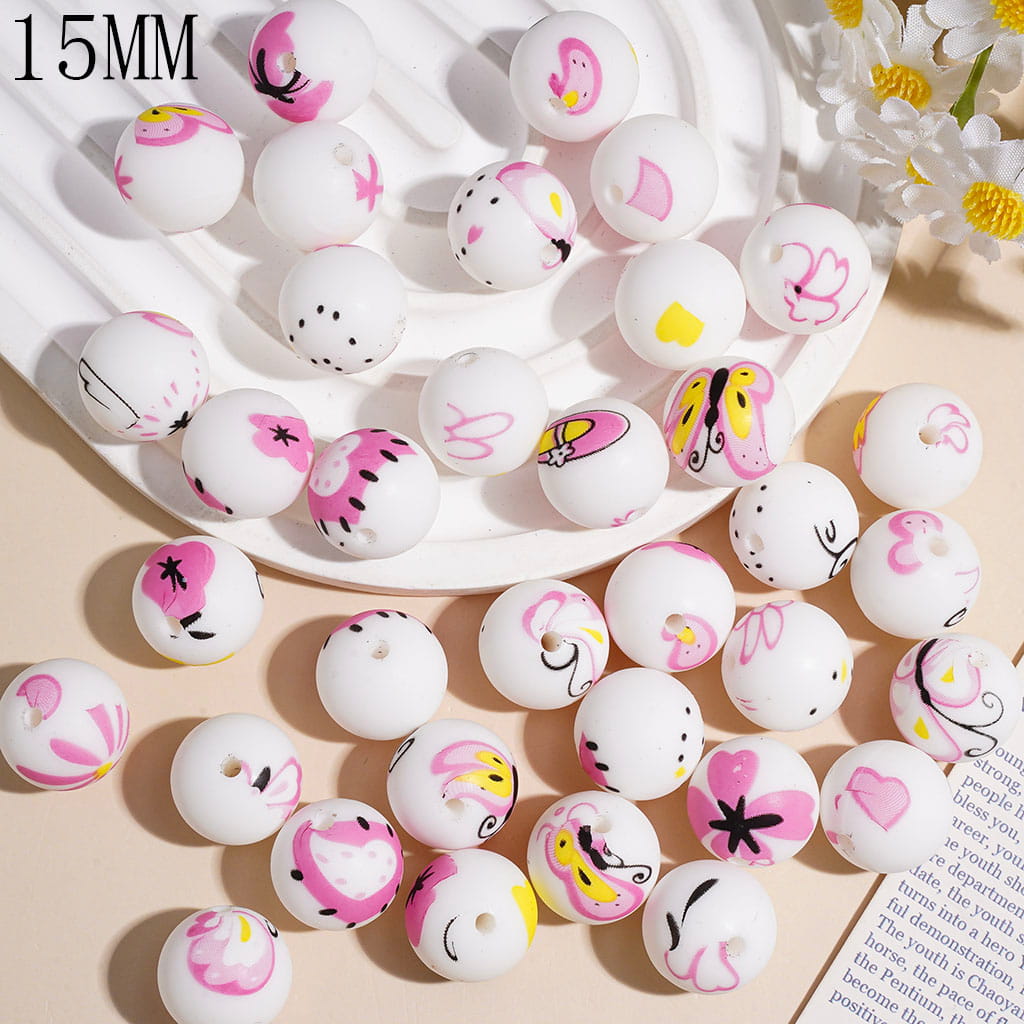 Pink Flower Printed Silicone Beads Number 382, 15MM