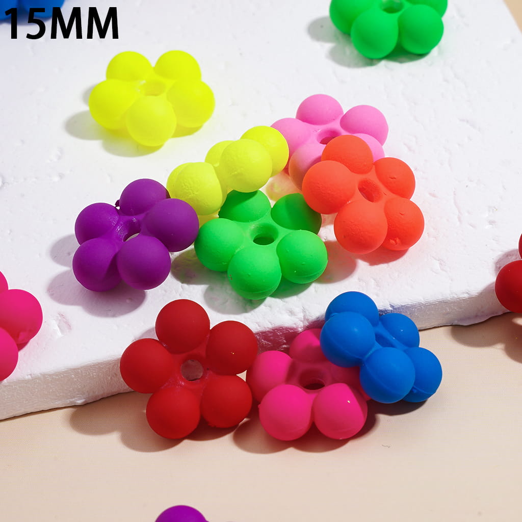 Acrylic Beads Matte Rubber Touch Five-Petaled Flower, Fluorescent Colors, 15MM, Random Mix