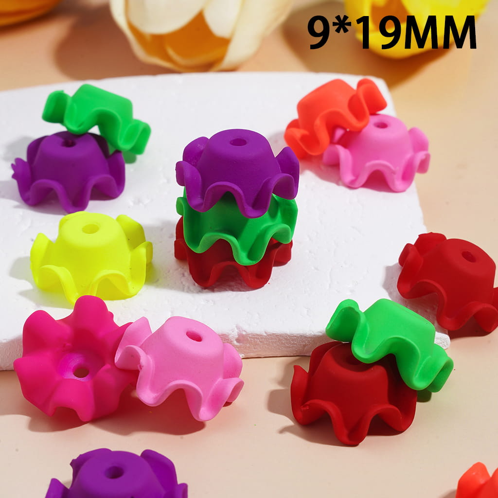 Bead Cages Wavy Edge Flower Pot, Acrylic Bead Cap in Matte Rubber Touch, Neon Colors, 9*19MM, Random Mix (They Fit 14MM Beads)