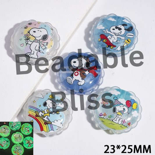 Luminous and Cat Eye Style Acrylic Beads with Wavy Edge and Glitter, Beagle Dog Character, 23*25MM Random Mix