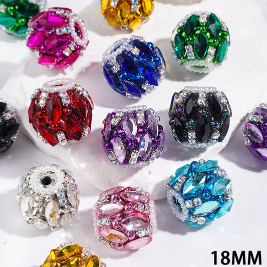 Handmade Acrylic Beads with Marquise Cut Rhinestones, AB Rhinestone and White Pearl Chains, Metallic-Colored Base, 18MM Multi-Color Random Mix