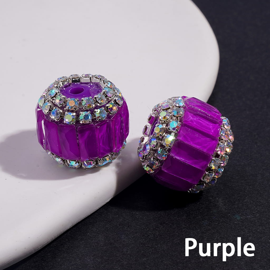 Handmade Acrylic Beads with Rectangle Rhinestones & AB Rhinestone Chains in Double Layer, Fluorescence Colors, 16MM