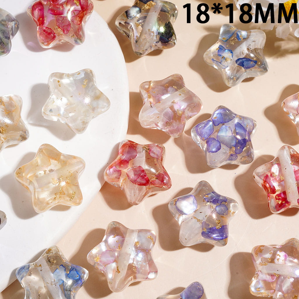 Acrylic Beads Star with Broken Shell Flake and Gold Foil Paper, 18*18MM, Clear, Multi-Color, Random Mix