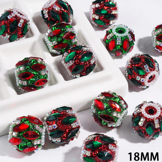 Handmade Acrylic Beads with Red and Green Marquise Cut Rhinestones, AB Rhinestone and White Pearl Chains, Metallic-Colored Base, 18MM Radnom Mix