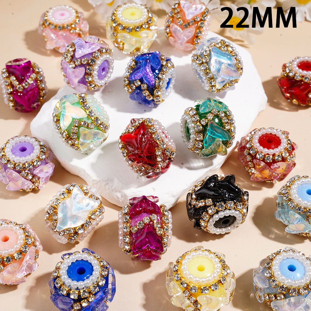 Handmade Acrylic Beads Fishtail Shaped Rhinestones, White Pearl & Metal Chains with Clear Rhinestone, 22MM Multi-Color Random Mix