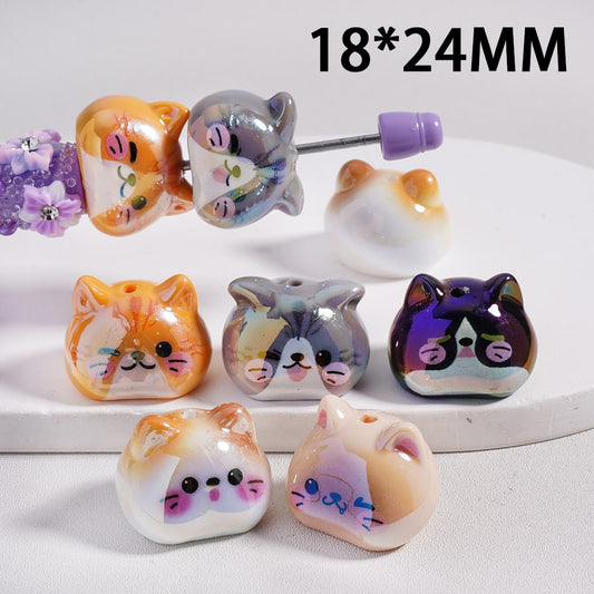 Acrylic Beads UV Coating Cute Cat Kitty Head, 18*24MM, Random Mix