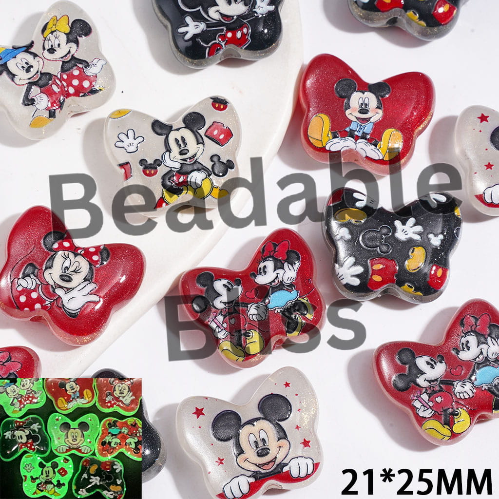 Luminous and Cat Eye Style Acrylic Beads Butterfly with Glitter, Classic Animation Boy and Girl Mouse Character, 21*25MM Random Mix