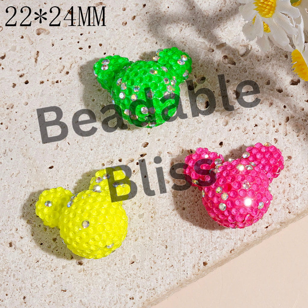 Clay Beads Mouse Head Design with Rhinestones, 22*24MM Multi-Color Random Mix