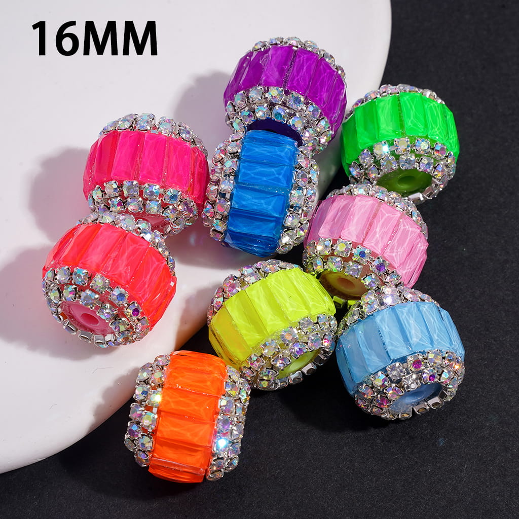 Handmade Acrylic Beads with Rectangle Rhinestones & AB Rhinestone Chains in Double Layer, Fluorescence Colors, 16MM