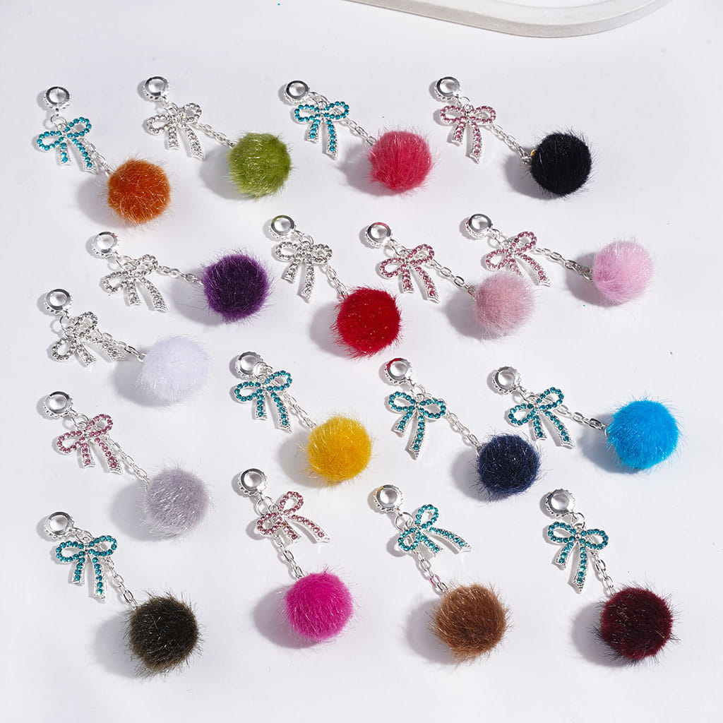 Alloy Bail Beads with Bowtie and Clear Rhinestone, Flocked Fluffy Ball Charm Pendants, Multi-Color, Random Mix