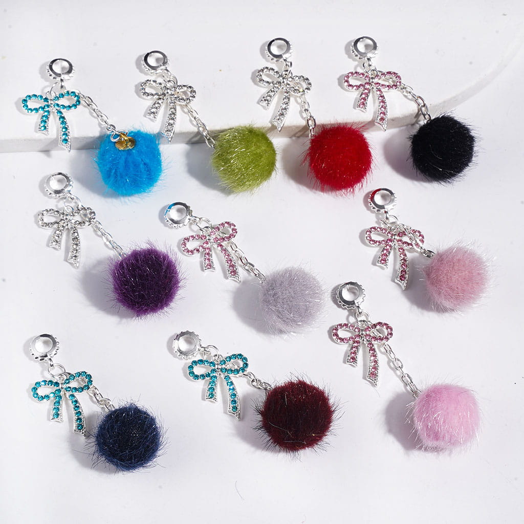 Alloy Bail Beads with Bowtie and Clear Rhinestone, Flocked Fluffy Ball Charm Pendants, Multi-Color, Random Mix