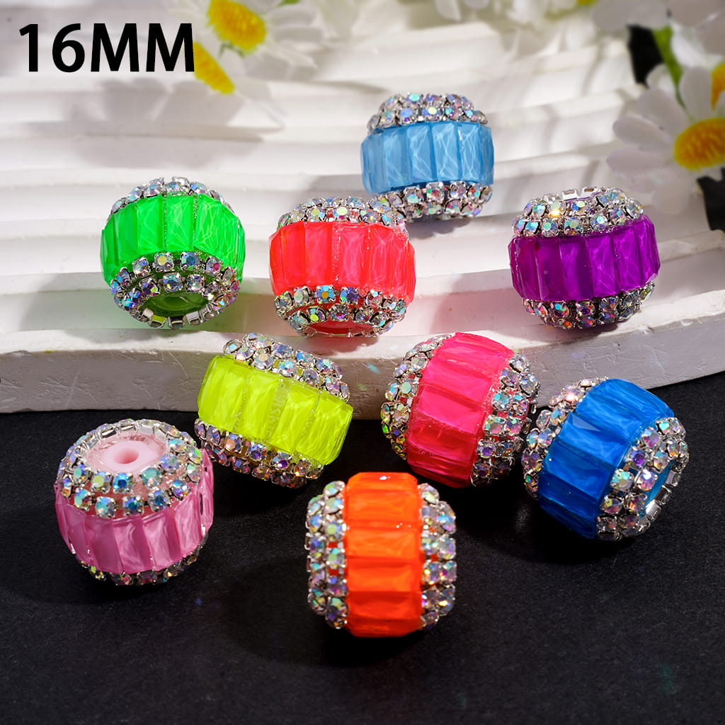 Handmade Acrylic Beads with Rectangle Rhinestones & AB Rhinestone Chains in Double Layer, Fluorescence Colors, 16MM